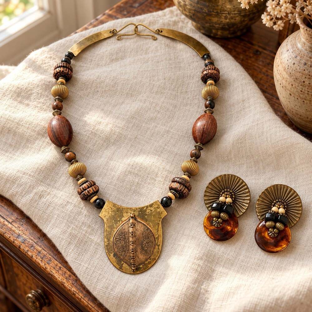 Handmade Brass Wood Statement Necklace Clip Earrings Set Boho Artisan Pendant